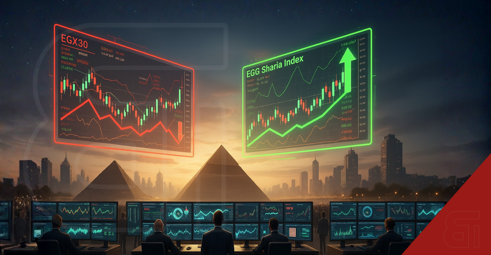 Professional Egyptian Exchange stock market trading dashboard displaying EGX30 index in red decline & EGX Sharia index in green gains with multiple trading monitors showing live market data, trading terminals in modern financial operations centre with Cairo skyline backdrop.