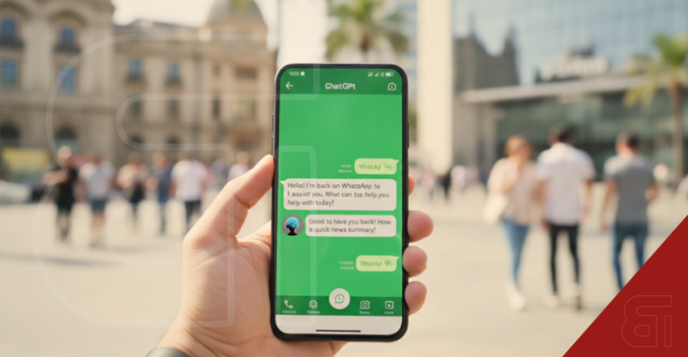 Hand holding a smartphone showing the ChatGPT interface on WhatsApp against a blurred city background.