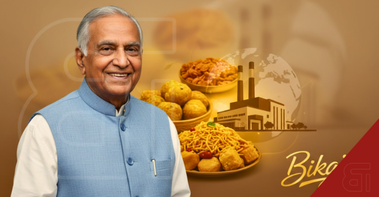 Collage of Bikaji Foods founder Shiv Ratan Agarwal, a modern snack manufacturing facility, and a traditional Bikaneri Bhujia shop.
