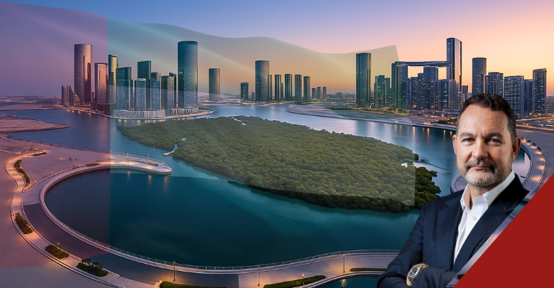 A view of Al Reem Island’s waterfront skyline with mangrove island foreground and MERED CEO Michael Belton, illustrating the appointment of Dar Al-Handasah as lead design consultant for luxury coastal development.