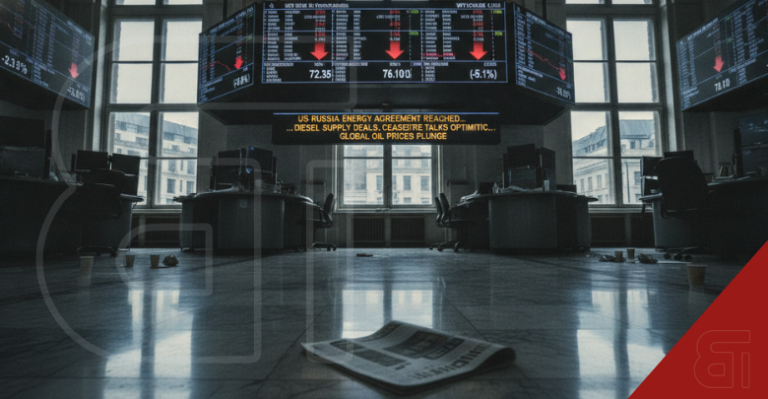 An empty trading floor with discarded paper on the ground beneath large screens displaying red downward arrows and a news ticker about US-Russia energy agreements causing oil prices to plunge.