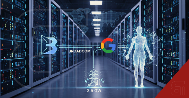 Futuristic Google and Broadcom AI data center with technicians and holographic AI nodes.