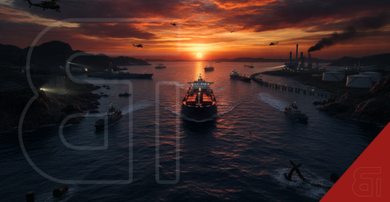 Oil tankers and naval ships navigating a strategic maritime chokepoint at sunset, representing Middle Eastern oil supply blockades.