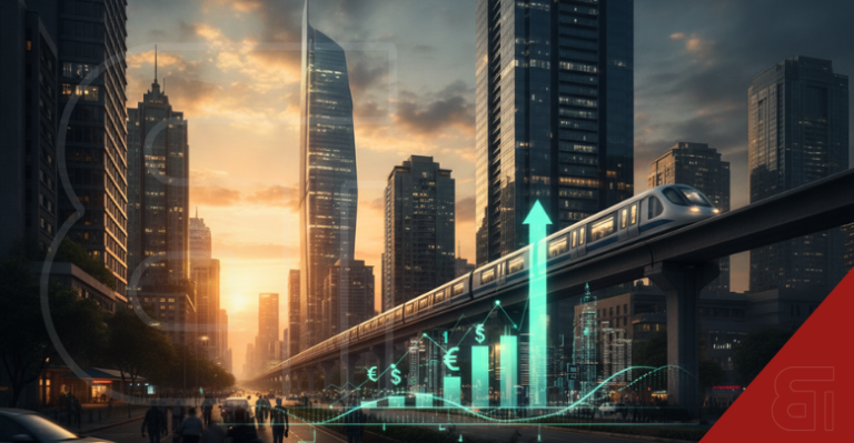 Futuristic city skyline with glowing upward-trending financial charts and an elevated train representing record-high Indian real estate capital inflows and economic growth.