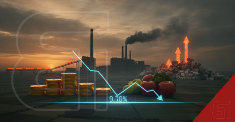 Conceptual image of India wholesale inflation at 9.78 percent with a downward line graph over coins, food, and factories.