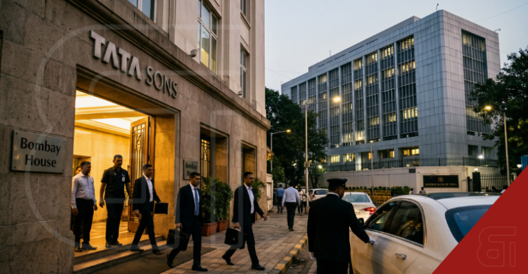 External view of Bombay House, the headquarters of Tata Sons in Mumbai, with professionals entering the building and the Reserve Bank of India (RBI) visible in the background.