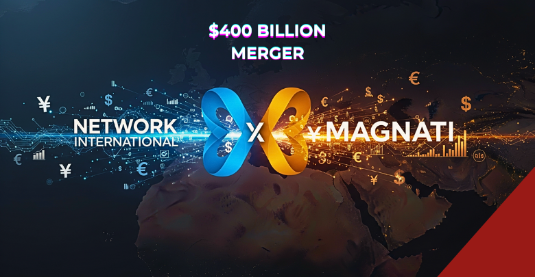 Network International Magnati merger announcement graphic featuring business professionals in silhouette with financial charts, data visualization, and corporate graphics representing the $400 billion TPV fintech consolidation in Middle East and Africa under Brookfield-led consortium ownership, highlighting UAE's digital payments transformation and regional financial sector growth.