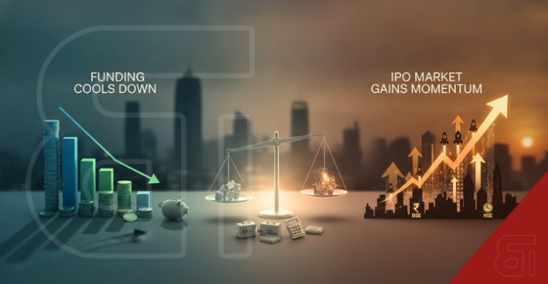 3D visual showing a balance scale weighing cooling startup funding with downward charts against a booming IPO market with rising arrows and city skyline.