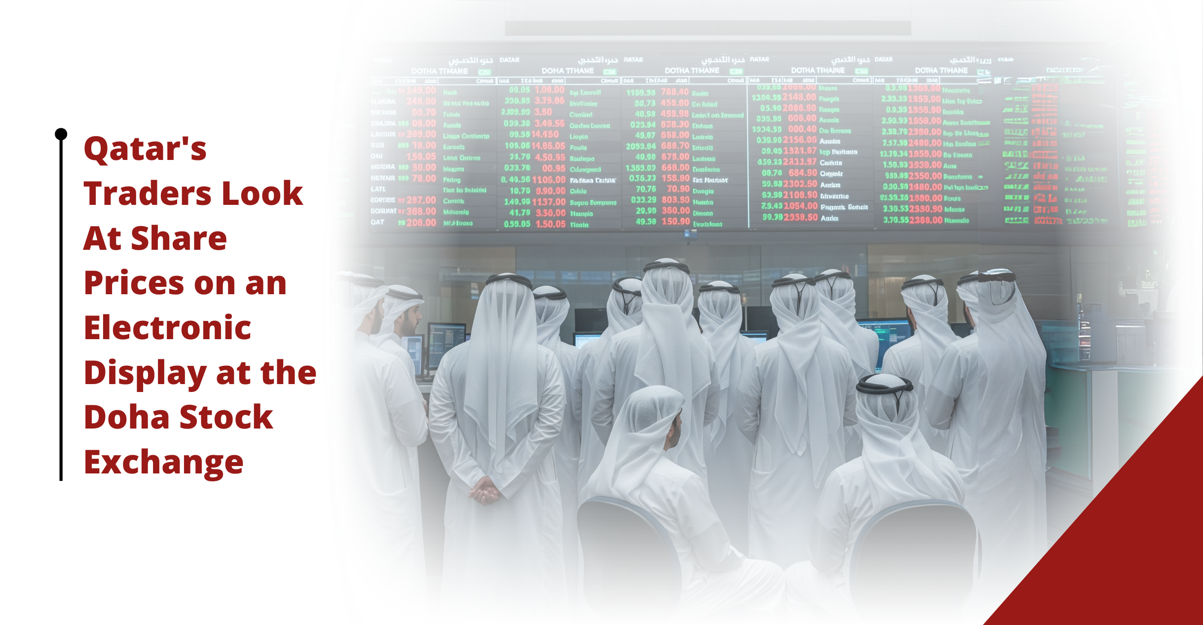 Qatari investors in traditional attire monitor stock market performance at Doha Exchange as banking, real estate, and energy sectors drive Q1 earnings growth in 2025.