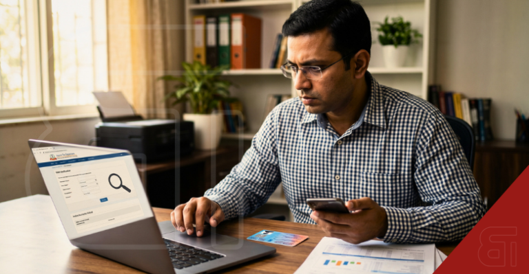 A man sits at a desk using a laptop to verify his PAN card details on an income tax portal, checking his smartphone to prevent financial fraud.