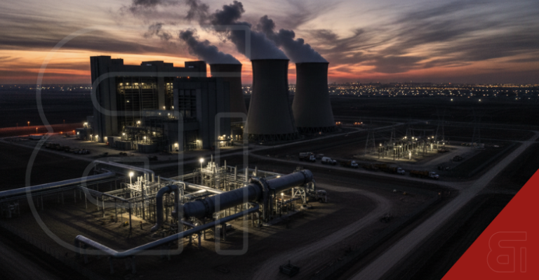 Wide aerial shot at dusk of a large, brightly lit natural gas power plant with three prominent cooling towers emitting steam, alongside complex pipeline infrastructure.