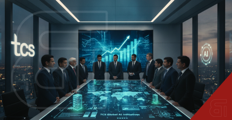 TCS executives in a futuristic boardroom analysing global AI initiatives on a digital table.