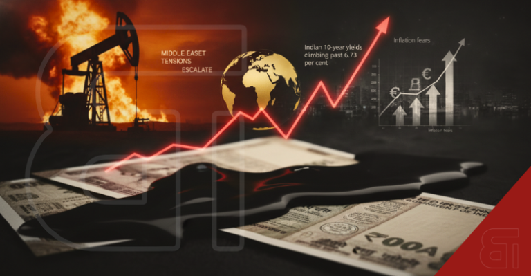 Oil spilling on Indian Rupee notes with a burning oil rig, rising red trend line, and inflation charts showing global oil shocks impacting India.