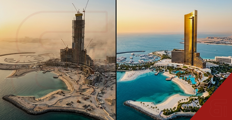 Before and after comparison showing Wynn Al Marjan Island resort construction progress in Ras Al Khaimah, UAE, with the tower reaching the 70th floor and the final completed concept