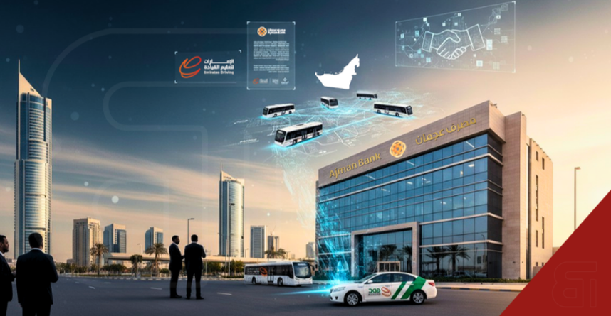 Ajman Bank headquarters with Emirates Driving Company mobility partnership showcased through connected buses, taxis & vehicles on digital network map, Mwasalat Holdings acquisition visualised, UAE cityscape backdrop, representing strategic banking partnership & national transport innovation.