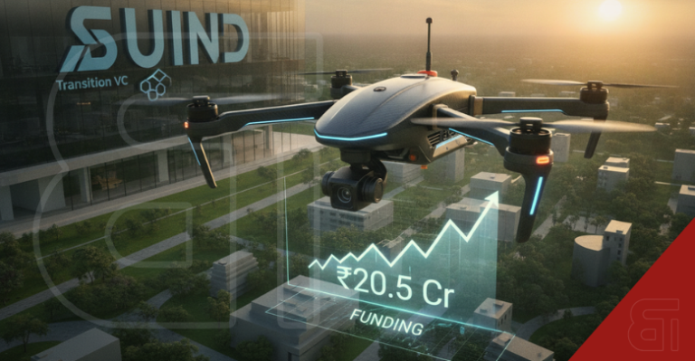 Autonomous drone flying with a holographic graph showing 20.5 Cr funding near SUIND and Transition VC headquarters.