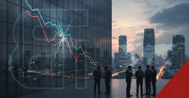 Business executives in front of a shattered downward financial graph overlaying a modern cityscape representing a tech stock market crash.