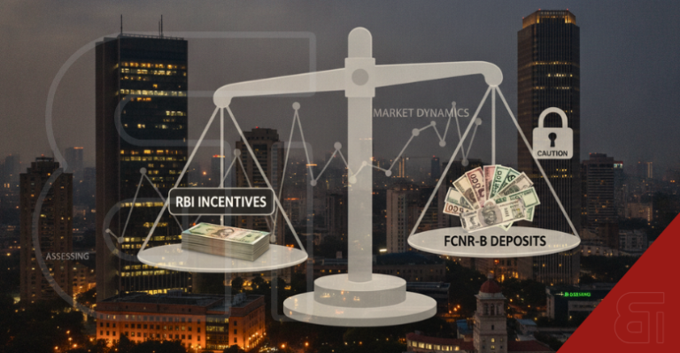 A digital illustration of a weighing scale balancing stacks of money labelled RBI Incentives against foreign currency labelled FCNR-B Deposits with a Caution padlock, set against a financial city skyline.