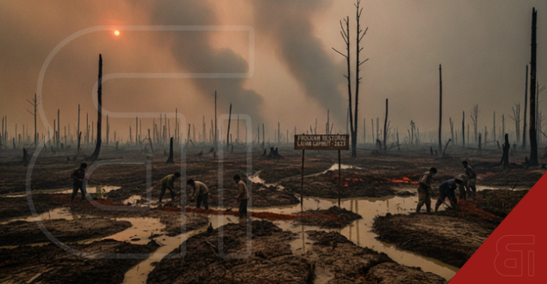 Workers dig in muddy, waterlogged soil among charred tree trunks under a thick, smoky sky with an orange sun. A sign reads PROGRAM RESTORASI LAHAN GAMBUT.