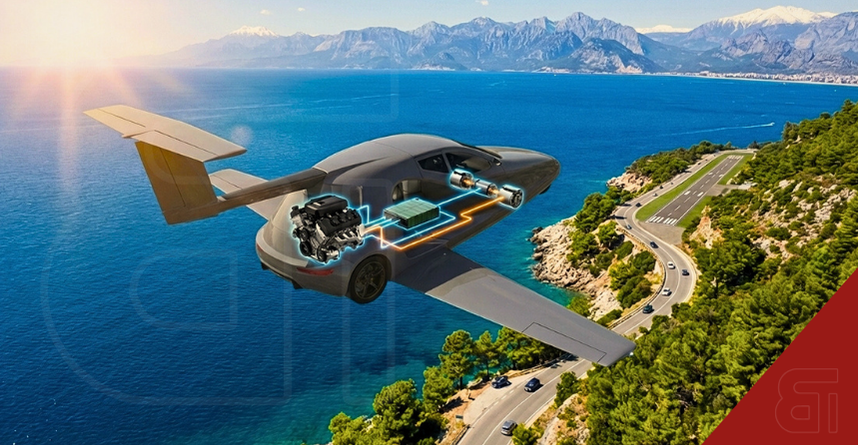 Samson Sky Switchblade hybrid flying car in flight showing a cutaway of the Skybrid electric drive system components.