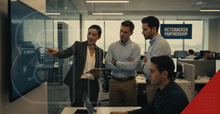 A businesswoman points to an e-commerce dashboard on a large digital screen while presenting to three male colleagues in a modern office with a Netcracker Partnership sign in the background.