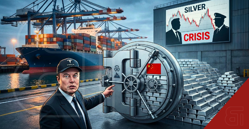 An illustration depicting Elon Musk pointing at a massive, locked bank vault with a Chinese flag, blocking piles of silver bars at a busy shipping port. A large screen in the background reads "SILVER CRISIS" with a volatile graph, symbolizing the impact of China's new export restrictions on global supply.
