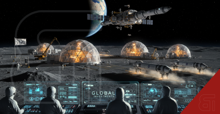 Futuristic lunar base showing glowing domes, spaceships, and Earth from the moon surface, monitored by control room operators tracking global investments.