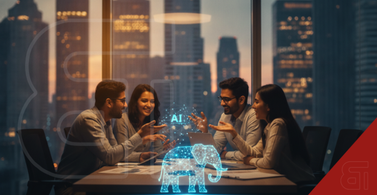 Business professionals in a high-rise office discussing around a glowing AI elephant hologram, representing Indian AI startups.