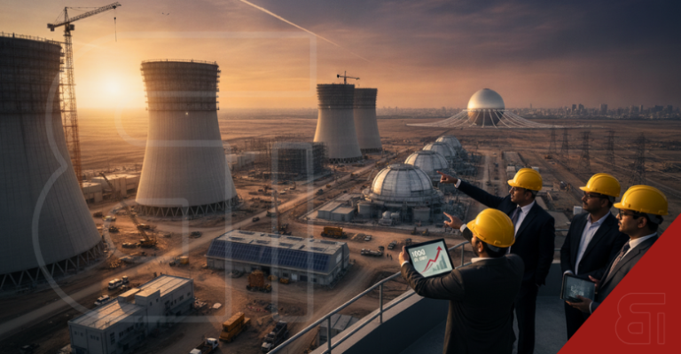 Four men in suits and yellow hard hats overlook a massive nuclear power plant construction site at sunset, with one holding a tablet showing a rising growth graph.