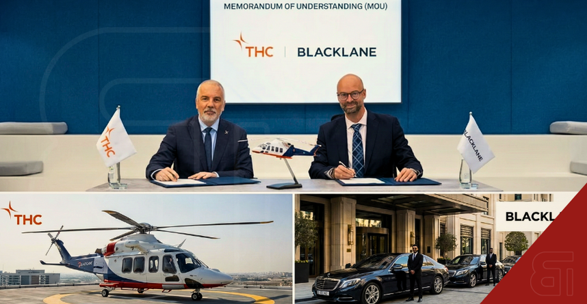 Executives from Blacklane and The Helicopter Company signing a partnership agreement to integrate luxury chauffeur and helicopter services in Saudi Arabia.