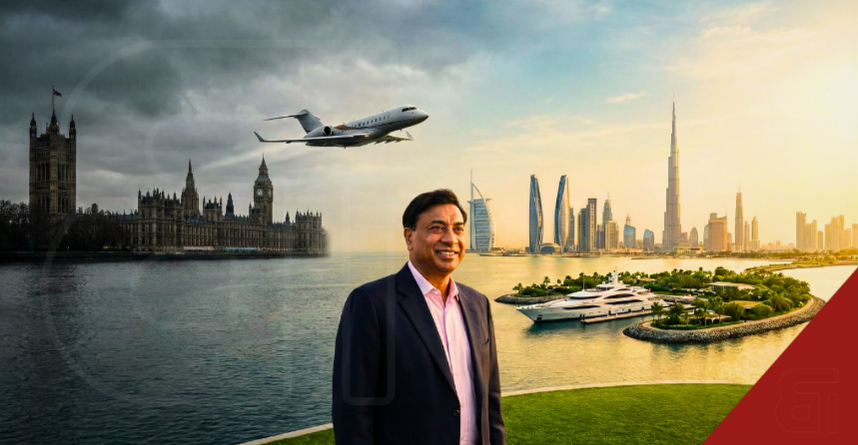 Lakshmi Mittal, with the UK Parliament and Big Ben on the left, a private jet flying towards the Dubai skyline and Burj Khalifa on the right, illustrating his relocation due to UK tax reforms.