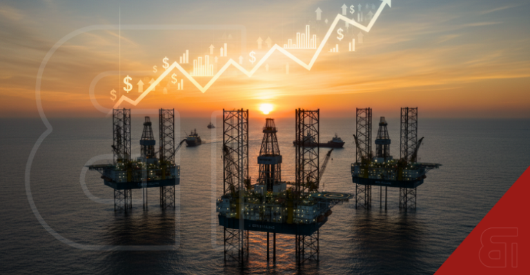 Offshore oil drilling rigs at sunset with overlaid upward trending financial graphs and dollar signs representing Borr Drilling financial restructuring.