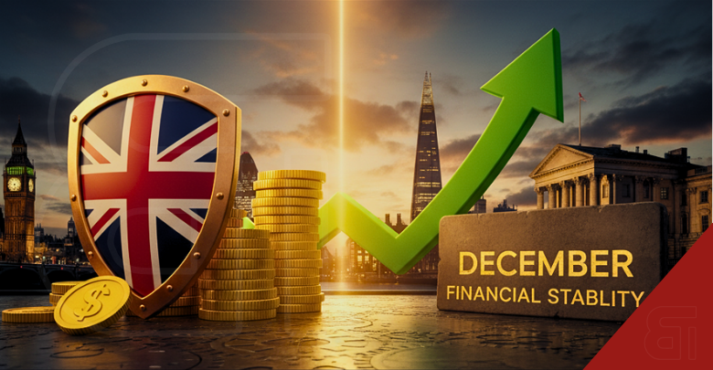 FSCS deposit protection rises to £120,000 from December 2025 for UK bank savers. Image shows UK flag shield, stacks of gold coins, upward green arrow reflecting increased financial stability, and famous London skyline landmarks, highlighting strengthened savings protection, UK economic growth, and new banking regulations.