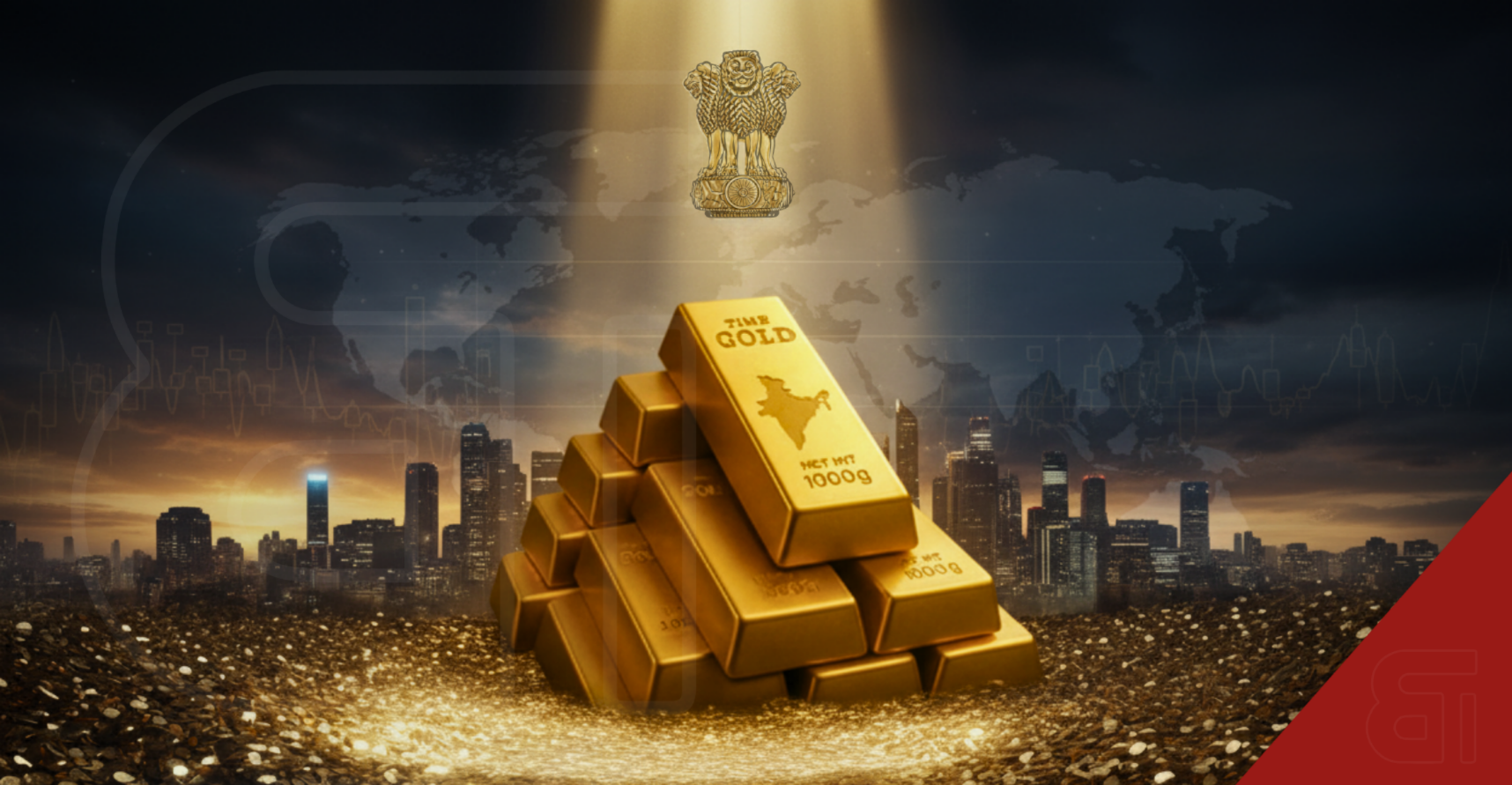 India's RBI gold reserves surge to 880 metric tonnes with domestic holdings strengthened, forex reserves stabilise above $700 billion, featuring stacked gold bars, Indian emblem, cityscape skyline, symbolic representation of financial stability & economic resilience amid global uncertainties.