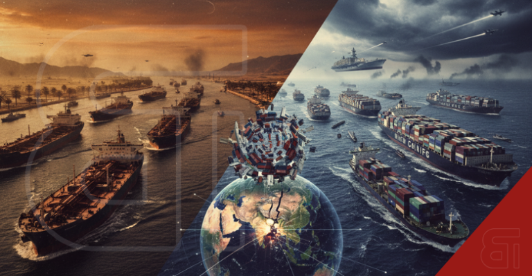 Split image comparing Strait of Hormuz oil tanker crisis to a potential US-China Pacific War showing container ships under attack, with a globe representing global supply chain disruption.