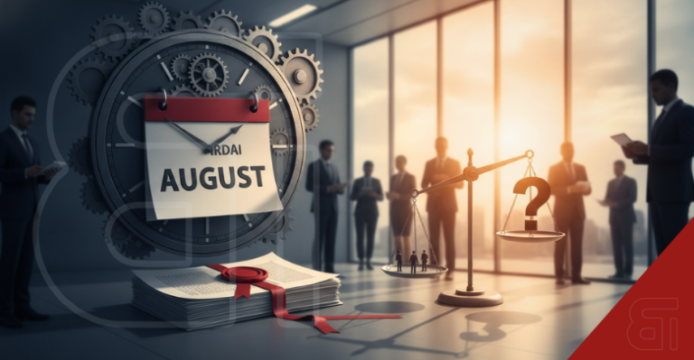 3D conceptual illustration showing an IRDAI August calendar on a gear clock, legal documents, and a balance scale in a corporate setting representing delayed insurance commission rules.