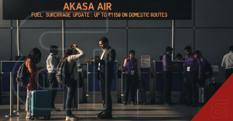 Passengers in an airplane cabin look at their phones while an Akasa Air jet is refueled by a tanker on the tarmac outside the window at sunset.