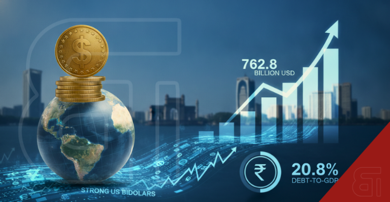 Financial graphic showing India's external debt hitting 762.8 billion USD with a globe, US dollar coins, and an upward graph.