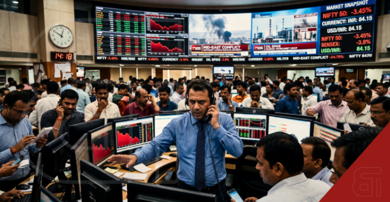 Bustling Indian street scene highlighting economic disruptions with a fuel tanker, shipping containers, and live stock market ticker