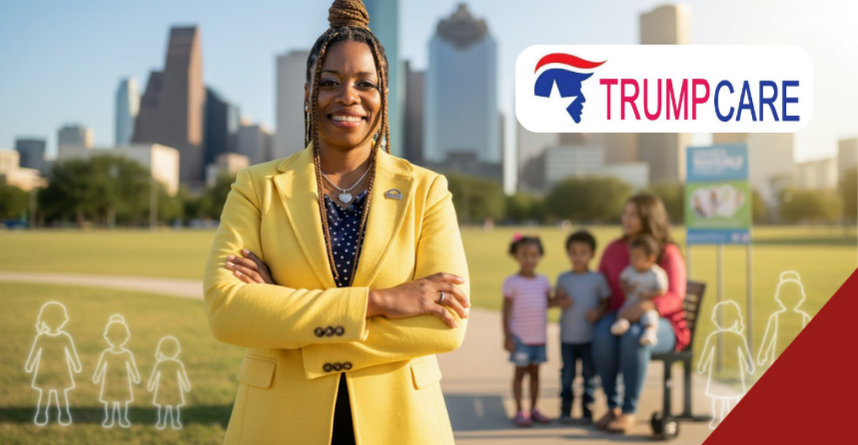 Alexandria Butler in yellow blazer with Houston skyline, children and Trumpcare logo, illustrating her Trumpcare free child insurance proposal.
