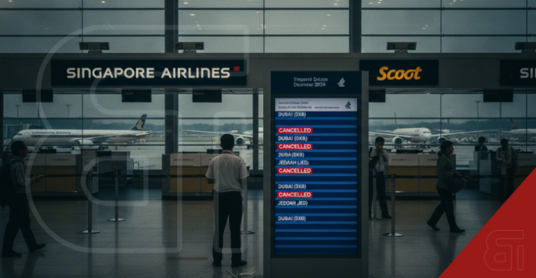 A flight information board at an airport terminal shows cancelled flights to Dubai and Jeddah. Signs for Singapore Airlines and Scoot are above check-in counters. A staff member and travelers stand in the dimly lit terminal with airplanes visible through the windows.