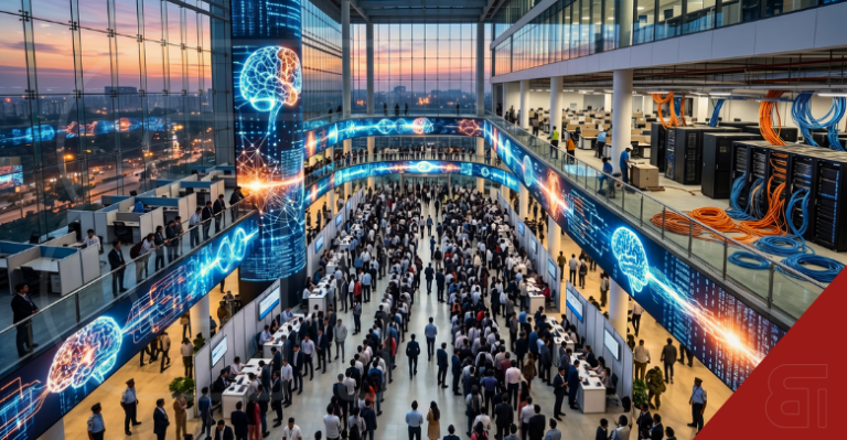 Wide-angle photograph of a crowded corporate atrium during a massive AI hiring drive, featuring large digital displays of glowing neural networks.