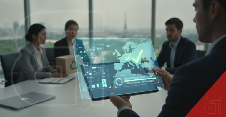 Executives reviewing a holographic dashboard showing EU packaging compliance data and a map of Europe in a Paris boardroom.