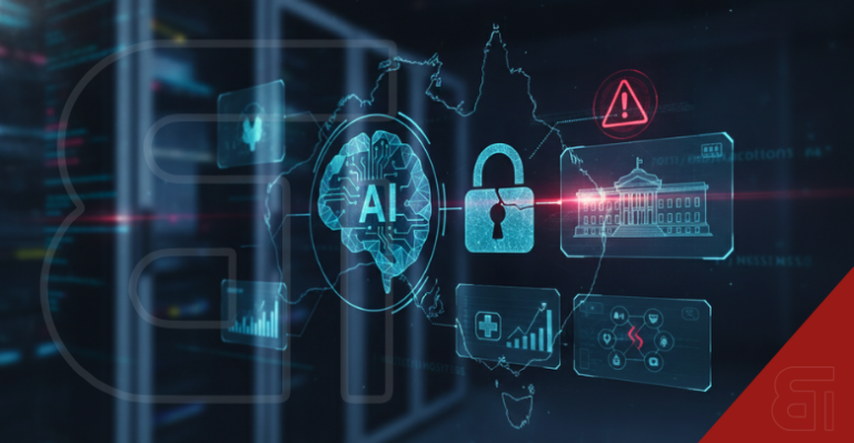 Digital interface showing an AI brain, cracked padlock, and government building over an Australia map, depicting a cyber attack.