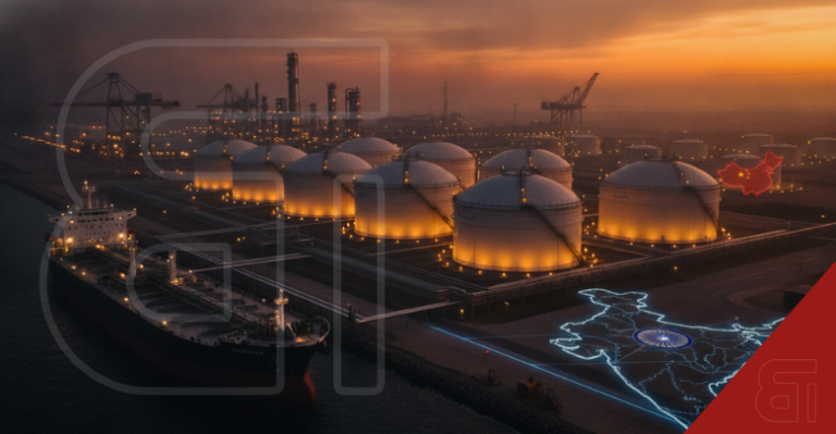 AI-generated illustration of an oil port with storage tanks a docked tanker and glowing digital maps of India and China.