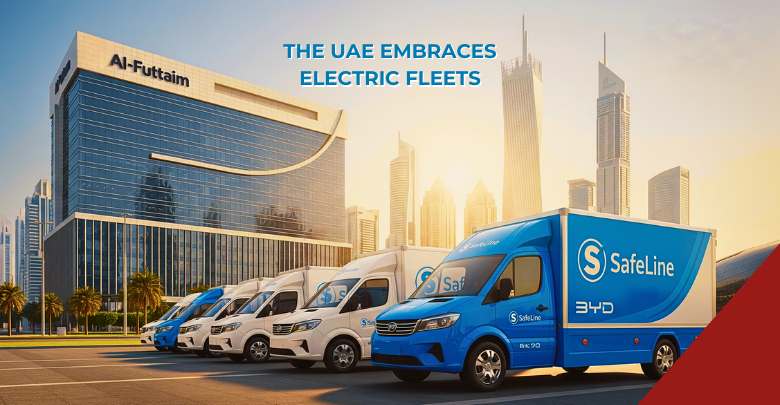 BYD and Al-Futtaim Electric Mobility sign agreement with Safeline Group for UAE logistics fleet electrification, showcasing a lineup of BYD electric delivery vans branded with SafeLine, set against Dubai’s modern skyline and Al-Futtaim headquarters, highlighting UAE’s transition to sustainable green mobility and Net Zero 2050 goals.