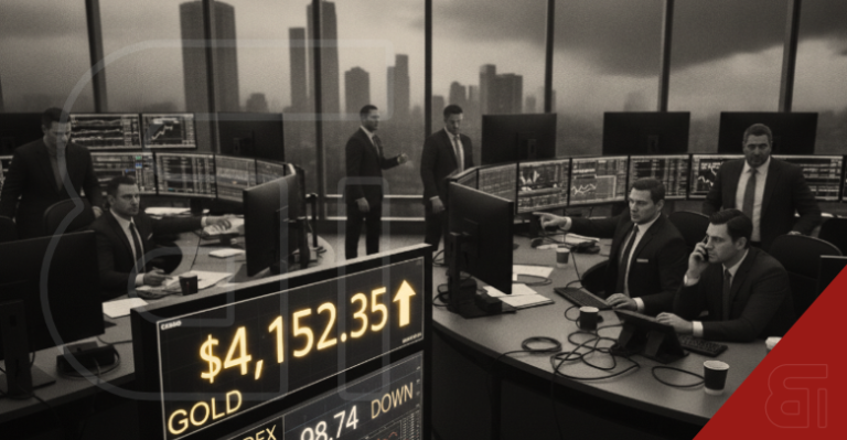 Black and white image of a trading floor with men in suits looking at monitors. A glowing yellow digital sign in the foreground reads GOLD $4,152.35 with an upward arrow.