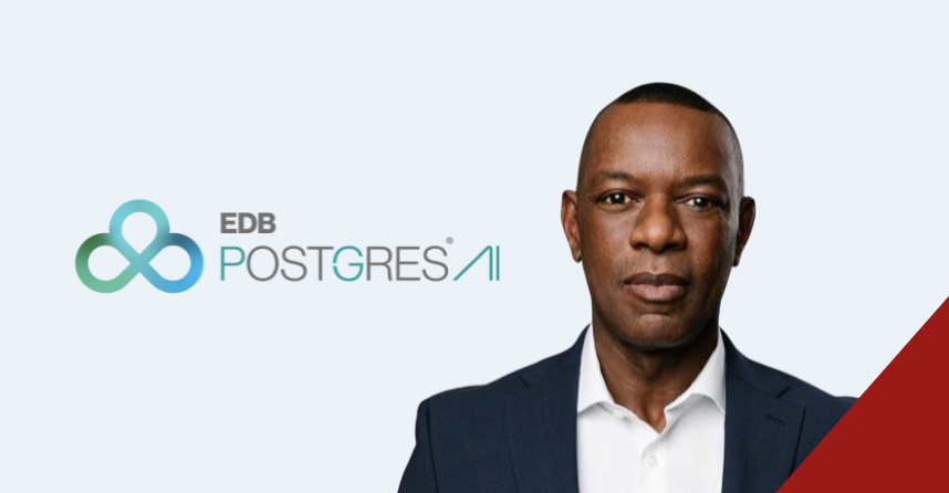 Professional executive portrait featuring EDB PostgreSQL AI branding, representing enterprise AI leadership and data sovereignty research findings showing Middle East companies achieving 5x higher ROI through sovereign AI adoption.