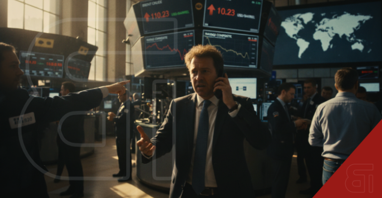A stressed trader speaks on a phone on a busy trading floor with digital screens showing Brent Crude prices at 110.23 and a world map.
