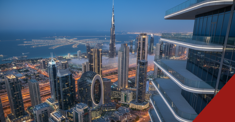 Dubai skyline at dusk with Burj Khalifa and waterfront high-rises highlighting off-plan developments and mixed-use communities in 2025